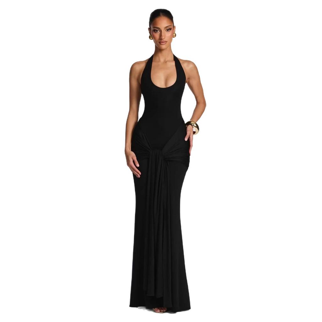 Women's 2025 European & American Style Halter Spliced Strappy Long Slim Fit Dress