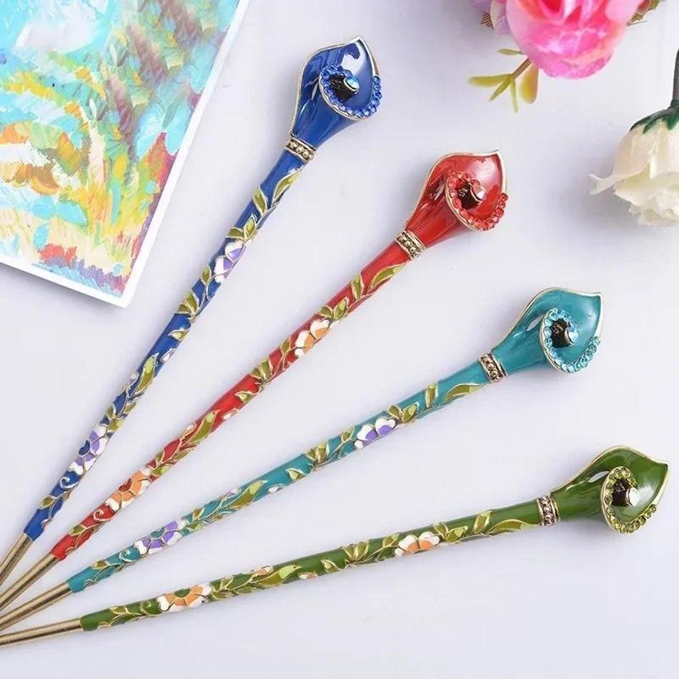 1 Pcs Women Vintage Hair Stick Fashion Metal Rhinestone Handmade Hair Hairpin Pin Accessories Creative Gifts Head Decor