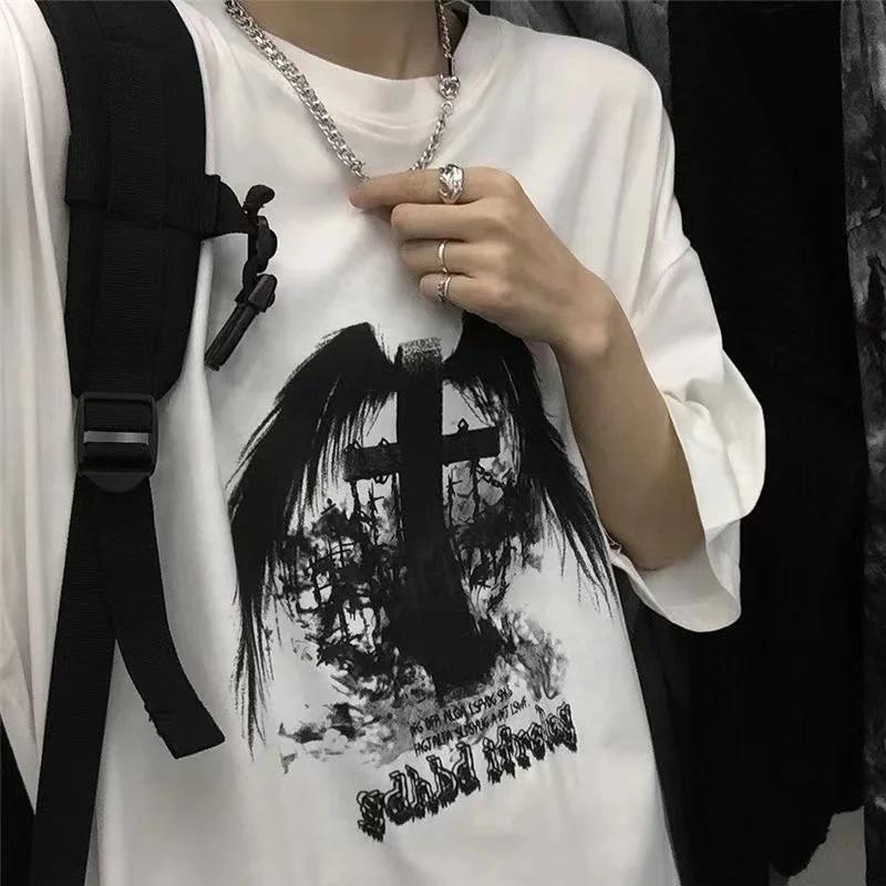Unisex Tshirts Summer Streetwear High Street Gothic Skull Tshirt Loose Oversized Shortsleeved T Shirt Dark Anime Unisex Y2k Top