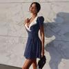 Revers Puffärmel Kleid Damen Revers Sexy Slim Mini Französisches Kleid Elegant Kontrastfarbe Partykleid Damenmode