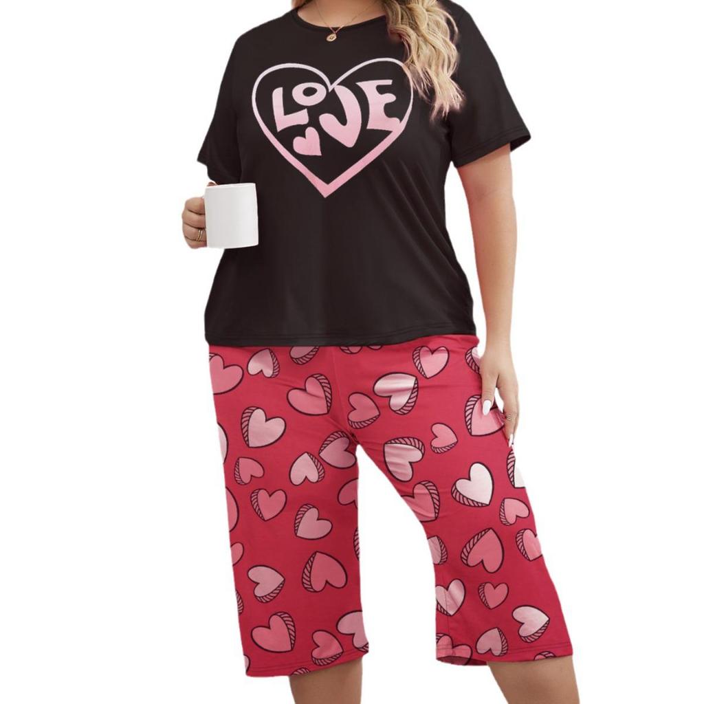 Summer Love Print Pajama Set: Short Sleeve Top & Seven-Point Pants, Plus Size