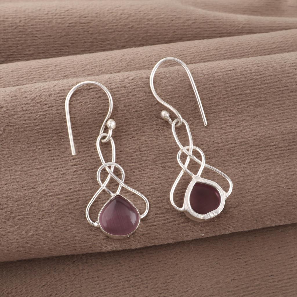 Purple Cat's Eye 925 Sterling Silver Earrings, Handmade Silver Jewelry, Gorgeous Cat's Eye Gemstone Earrings For Gift