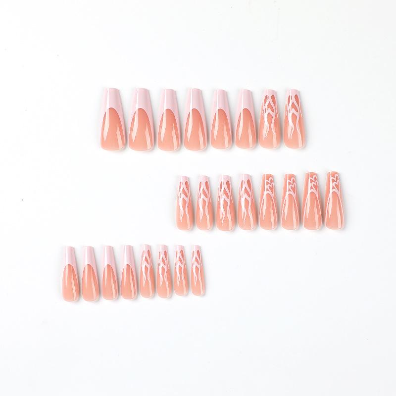 24Pcs/Set Quick Nails Pink French Flame Heart False Nials Sticker Wearable Waterproof Manicure Finished Nails