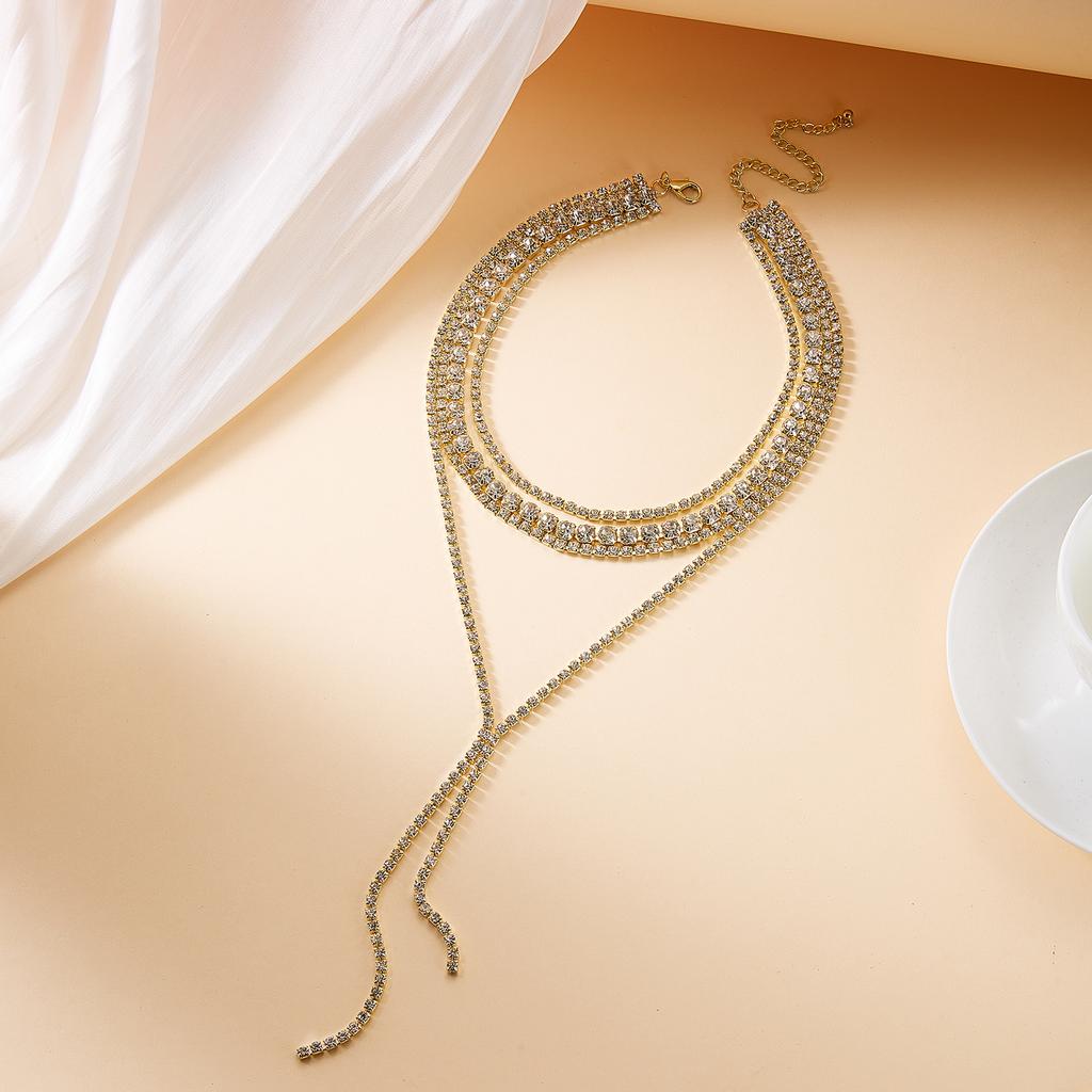 Fashion Multi-layer Long Tassel Chain Necklace For Women Luxury Rhinestone Y-shaped Choker Wedding Party Night Club Jewelry Gift