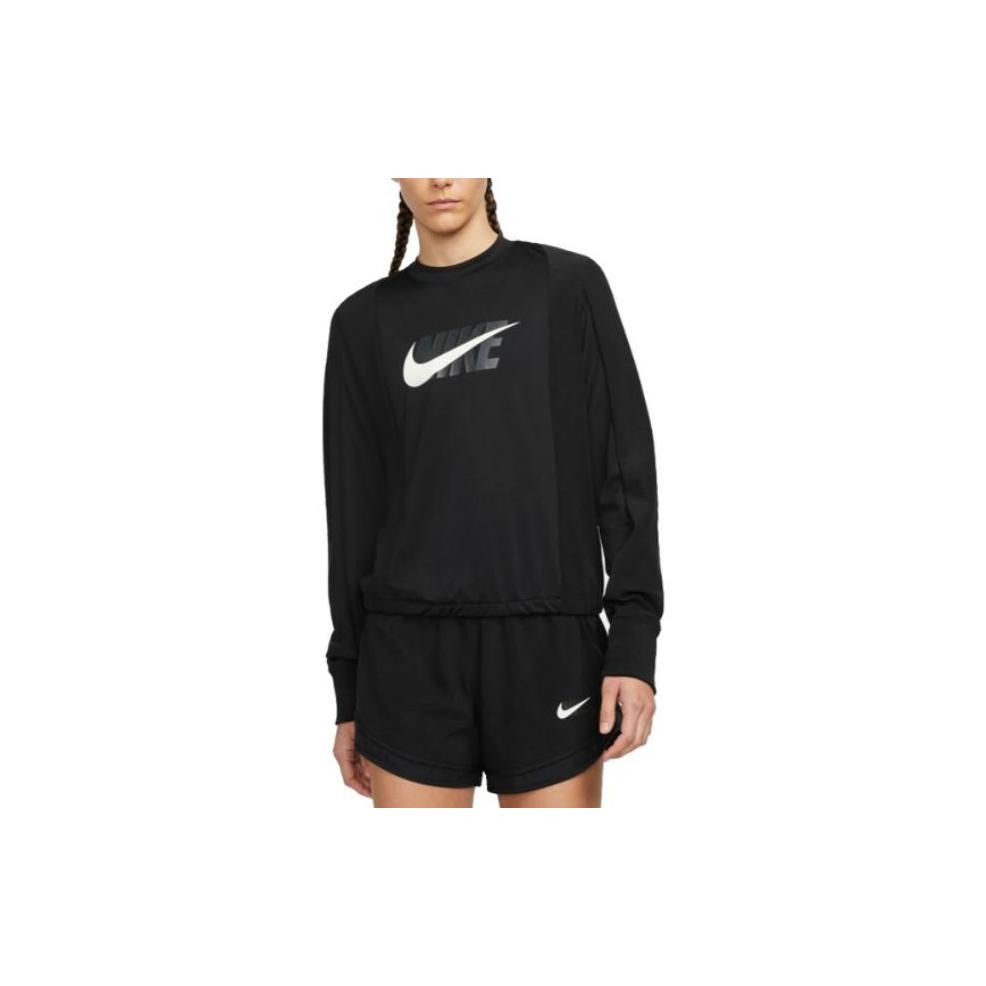 Nike Camiseta Manga Longa Esportiva de Corrida com Estampa de Logo Vintage Americano e Fivela de Polegar Feminina Preta DD6943-010