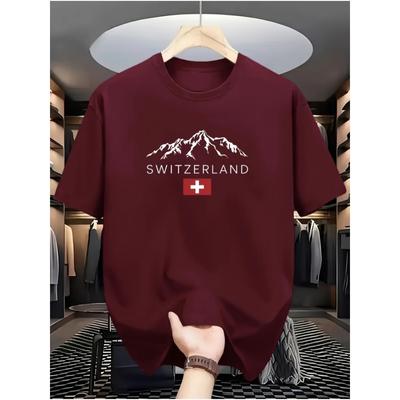 Men's Summer 100% Cotton Fashionable Casual Loose Sports Swiss Mountain Pattern Printed Round Neck Short Sleeved T-shirt Top