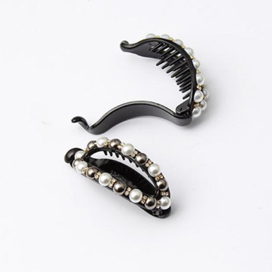 Women Hollow Geometric Oval Rhinestone Faux Pearl Hairpin Ponytail Hair Clip