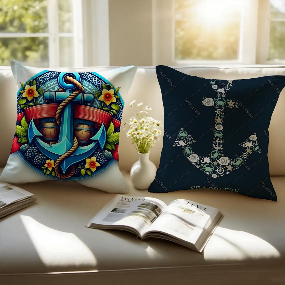 M-Marine Theme Rudder Anchor Pillow Nautical Cushion Cover Pillowcase Anti-Dustmite Invisible Zipper Short Plush Sofa Cushion