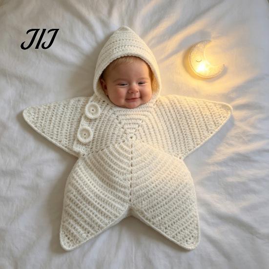 Seestern Schlafsack für Neugeborene Baby Schlafsack, Gestrickter Schlafsack mit Kapuze, Weiches Baumwollgarn Baby Wickeltuch Gemütliche Sternförmige Tragbare Decke, Neugeborene