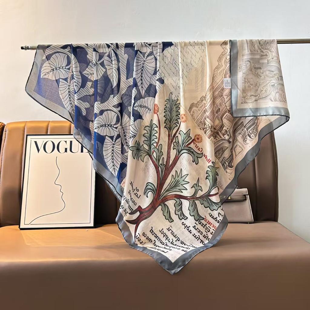 Tencel Cotton Blended 110 * 110 Silk Scarf Chinese Square Scarf Versatile Scarf Neck Protection Scarf Spring Flower Series