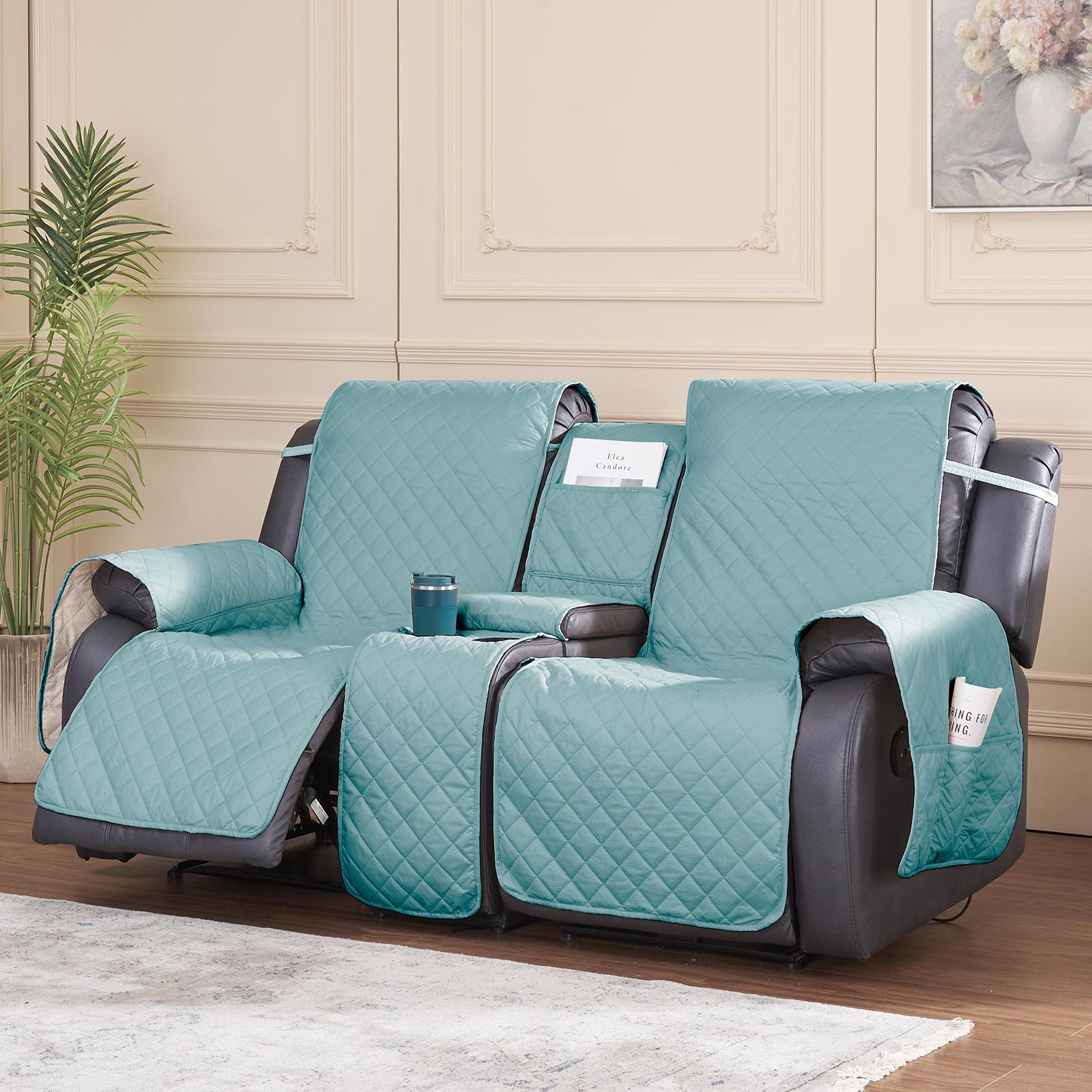 

2-местный водонепроницаемый стеганый чехол для кресла-реклайнера с центральной консолью, чехол для хранения подлокотников, чехлы для диванов и стульев, противоскользящий коврик для животных синий