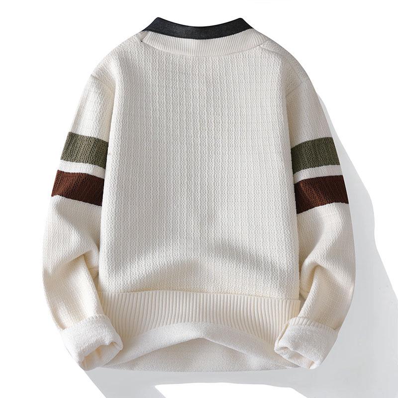 Stylish Men's Faux Two-Piece Sweater with Shirt Collar, Velvet Lining, and Knitted Wool for Autumn and Winter Warmth