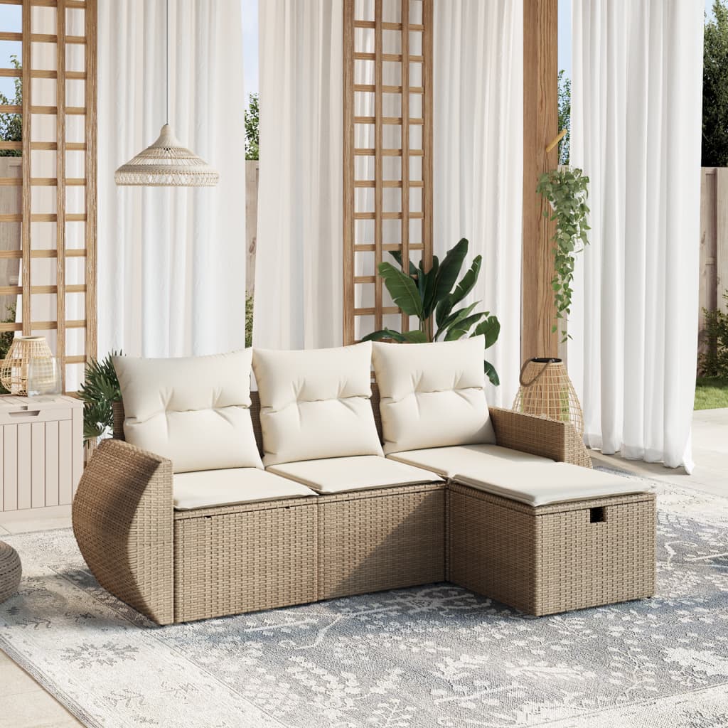 4 Piece Garden Sofa Set with Cushions Beige Poly Rattan