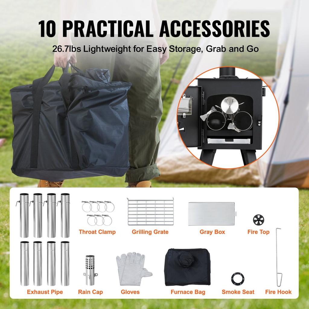 Wood Stove, 86 Inch, Alloy Steel Camping Tent Stove, Portable Wood Burning Stove with Chimney Pipes & Gloves, 1400in³Firebox Hot Tent Stove for