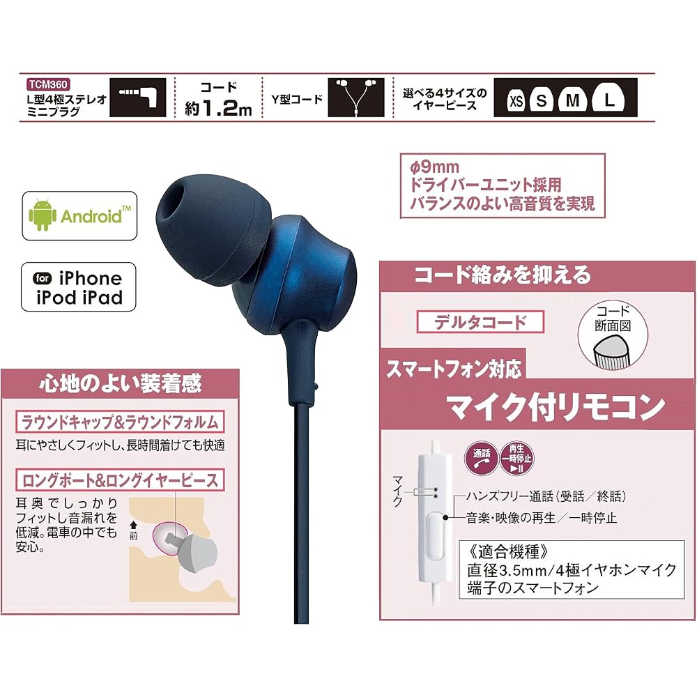 Panasonic In-Ear Headphones, Smartphone/iPhone Compatible, Blue, RP-TCM360-A