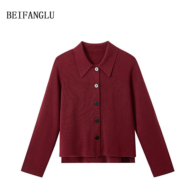 Northern Deer Hexi 100% Combed Wool Polo Collar Knit Cardigan - Early Autumn Elegance