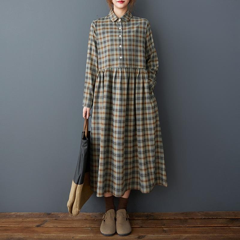 Langärmeliges Baumwoll-Vintage-Karokleid in Übergröße, neu in Kleider für Frauen, lässiges, lockeres Frühlings-Herbstkleid