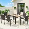 7 Piece Rattan Garden Furniture Set, 6 Seater Garden Table and 6 Stackable Chairs with Extendable Acacia Wood Tabletop