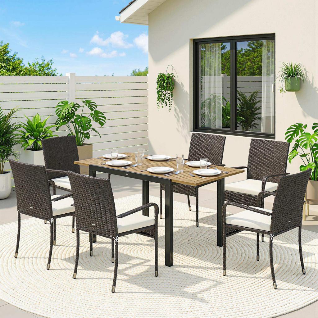 7 Piece Rattan Garden Furniture Set, 6 Seater Garden Table and 6 Stackable Chairs with Extendable Acacia Wood Tabletop