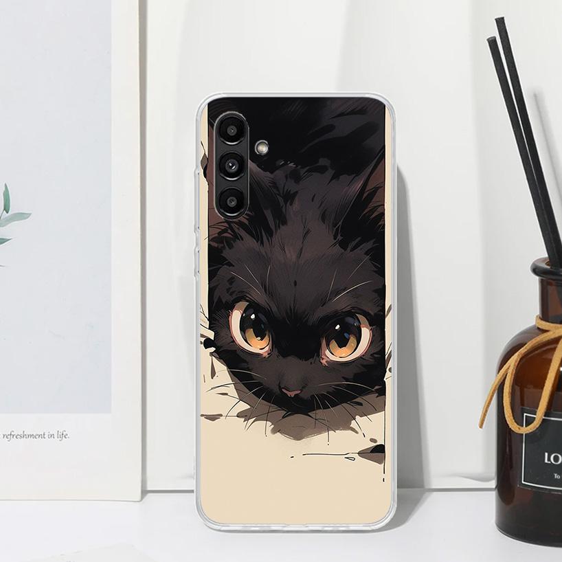 Anime Cute Black Cat Meow Phone Case For Samsung Galaxy A17 A37 A57 A16 A26 A36 A56 A15 A25 A35 A55 A14 A24 A34 A54 A13 A23 A33