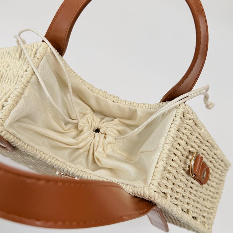 2026 New Straw Woven Tote Bag Women's Casual Beach Handbag with Leather Handle & Bow Lightweight Rattan Shoulder Crossbody Bag