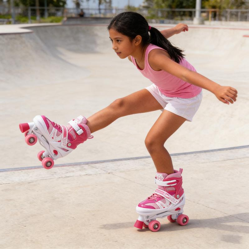 Kids Adjustable Roller Skates Quad Design Wear-resistant Wheels Safe Toe Stop for Beginner Boys Girls Outdoor Exercise