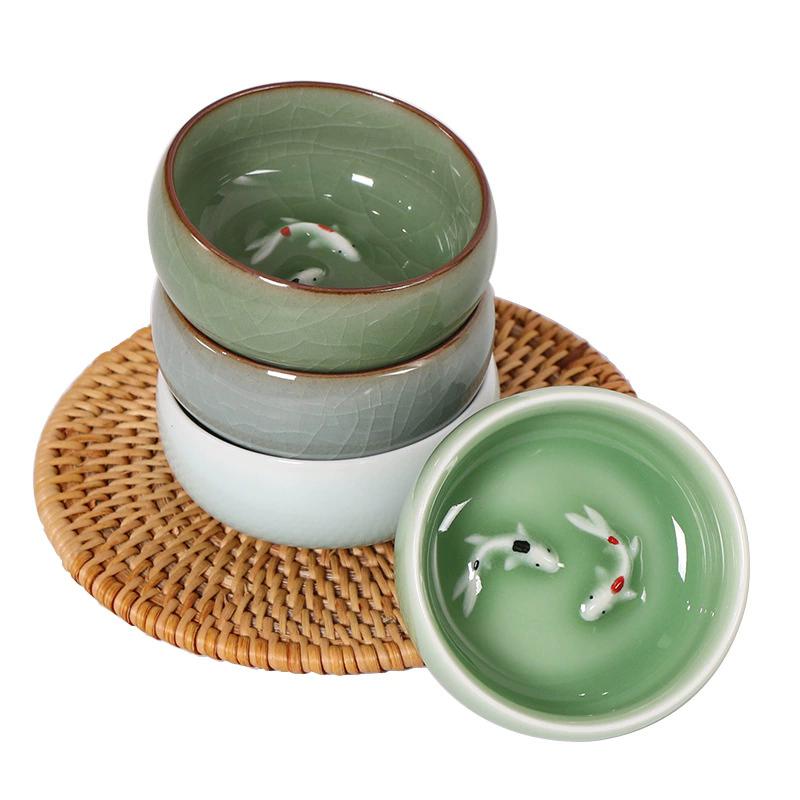 4PCS Crackle Golden Fish Celadon Porcelain Teacups Delicate Longquan Tea Cup Bowl Kungfu Serviceable Chinese Tea Cup Tea Making