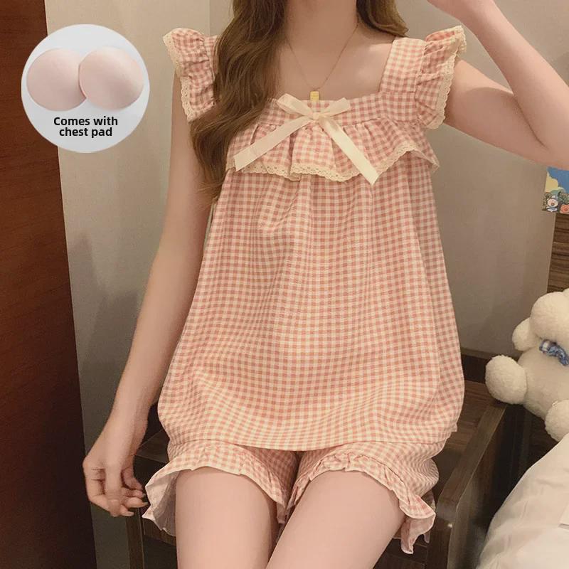 Women's Cute Plaid Pajama Shorts Set with Chest Pad - Sleeveless and Versatile for Home or Outdoors