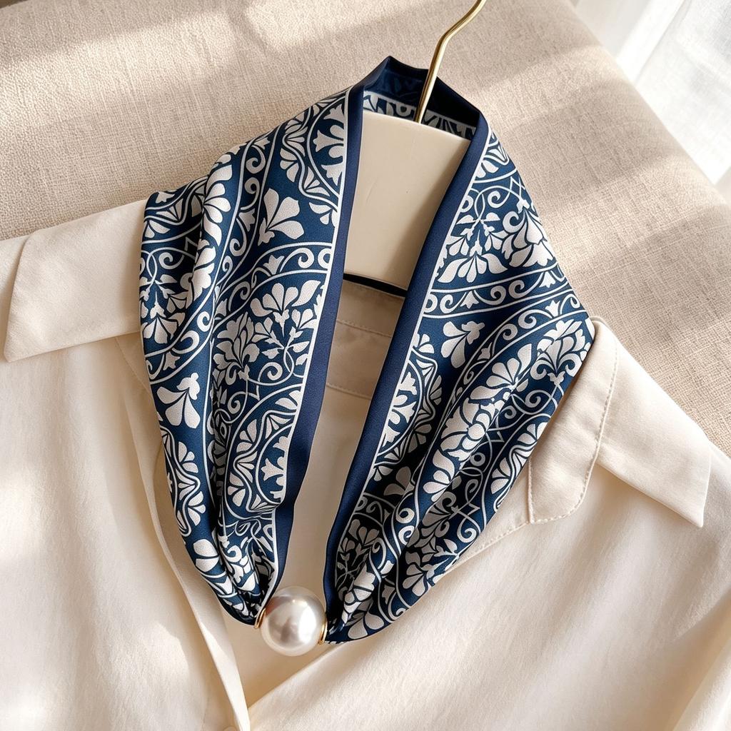Premium magnetic buckle pearl silk scarf necklace retro flower small scarf Internet celebrities free small scarf