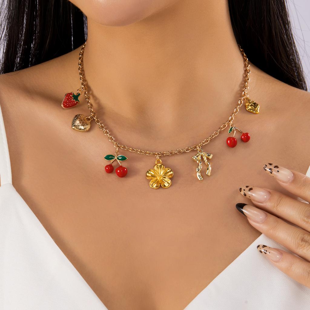 Charm Flower Bowknot Cherry Strawberry Pendant Necklace for Women Fashion Gold Color Metal Choker Chain Dainty Party Jewelry