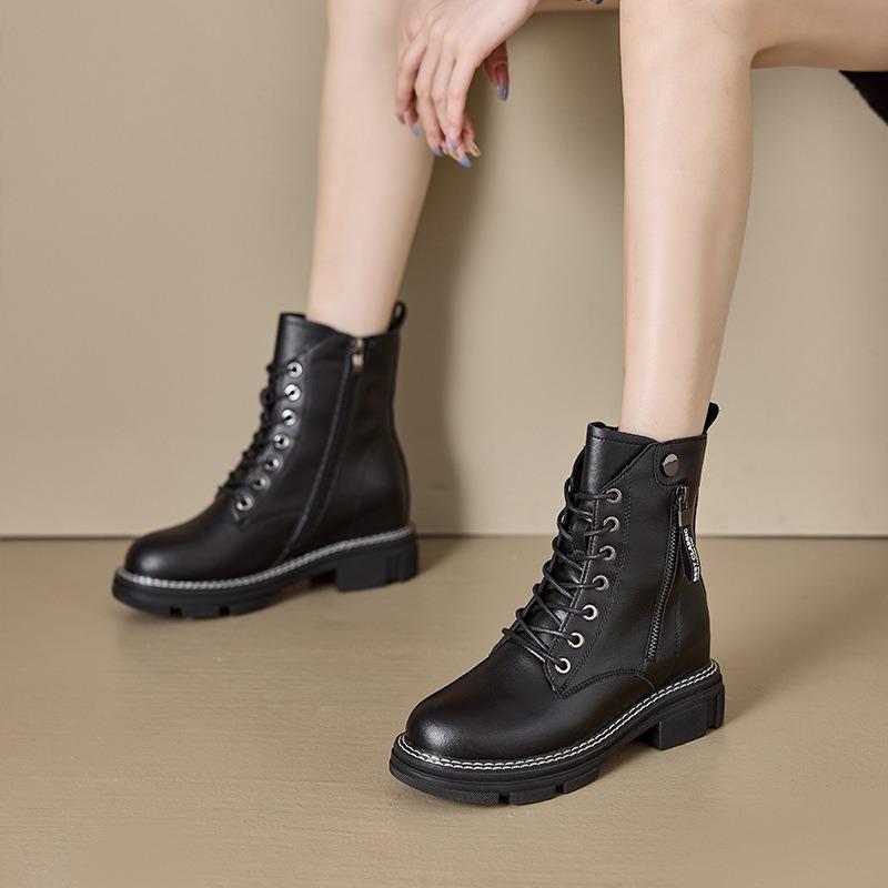 Autumn leather Martin boots women's side zipper women's leather boots thick-soled inner height-increasing casual shoes