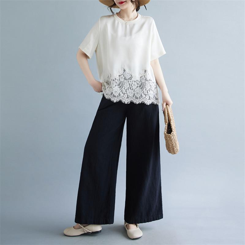 Short sleeve oversized lace patchwork vintage casual loose summer tee t shirt women t-shirt woman tshirt 2026 tops clothing