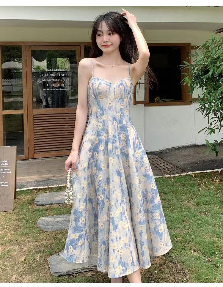 French blue oil painting long dress seaside vacation beach dress floral suspender dress women's spring high-end women's clothing
