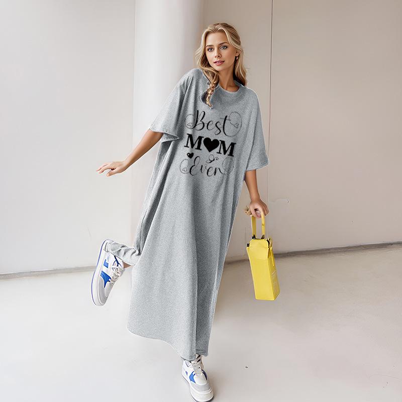 2026 Women's Summer Loose Plus Size Letter Print T-Shirt Dress - Over-the-Knee Short Sleeve