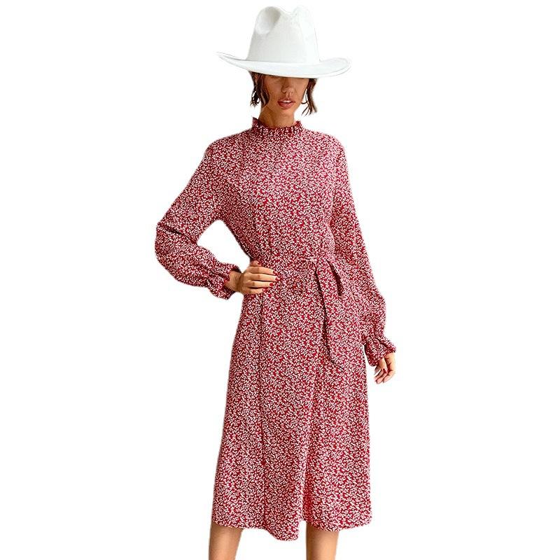 Temperament and Elegance Outer Wear Women's Long Sleeve Half High Neck Printed Slim Dresses