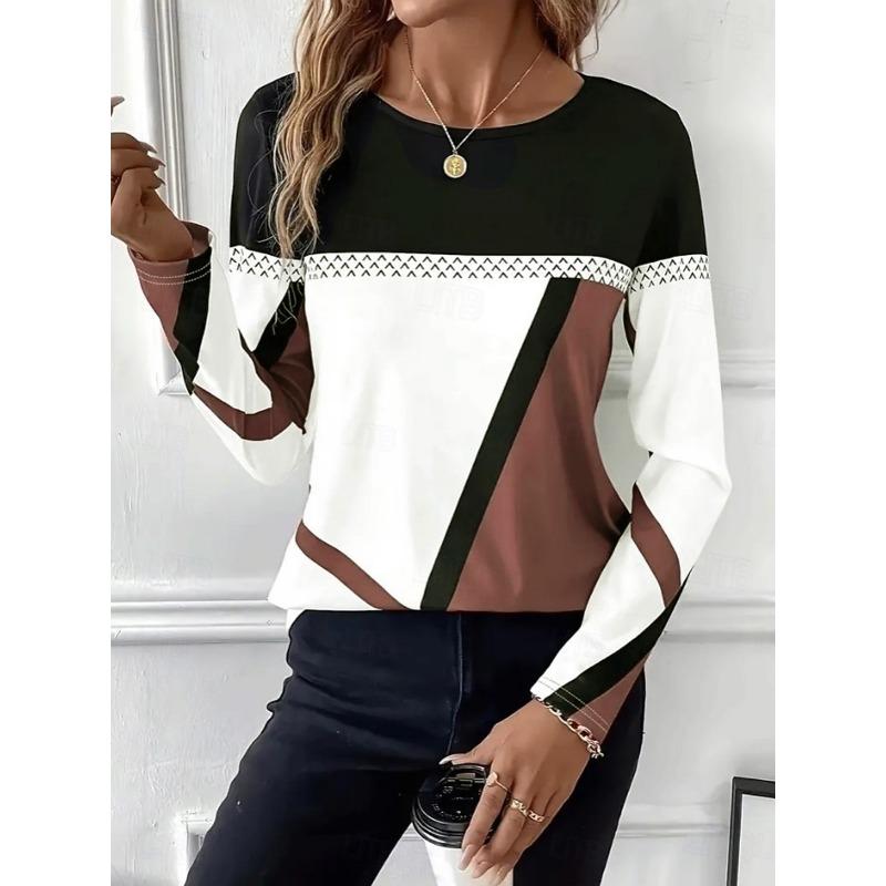 Women's T shirt Long Sleeve Crew Neck Graphic Plaid Classic Round Neck Regular Tops