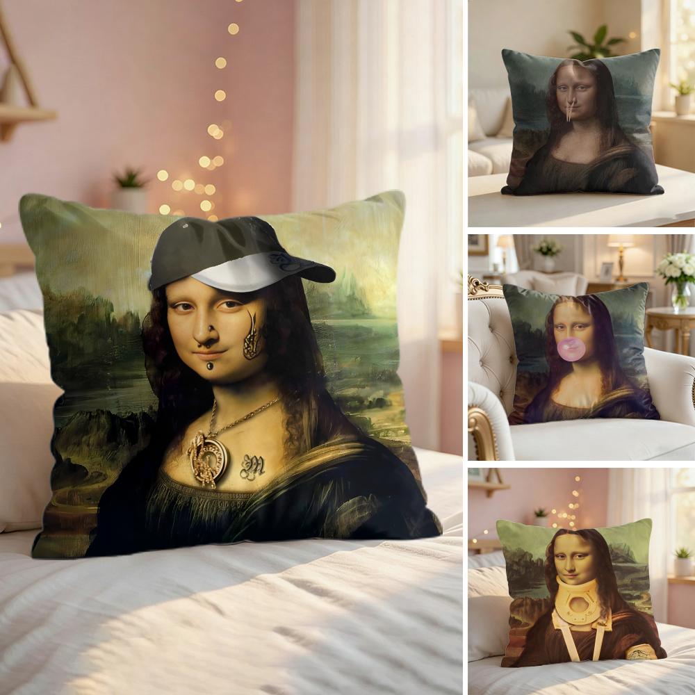 Mona Lisa Interesting Abstract Cushion Cover Silky Short Plush Invisible Zipper Dustproof Sofa Pillow Case For Home Decor
