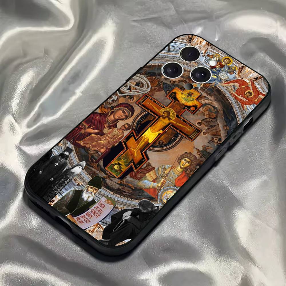 Icono de Cruz Ortodoxa Funda de Teléfono de Iglesia Para iPhone 16,15,14,13,12,11,Pro,Max,Plus,X,XS,SE4,E,Mini,Funda Negra Suave