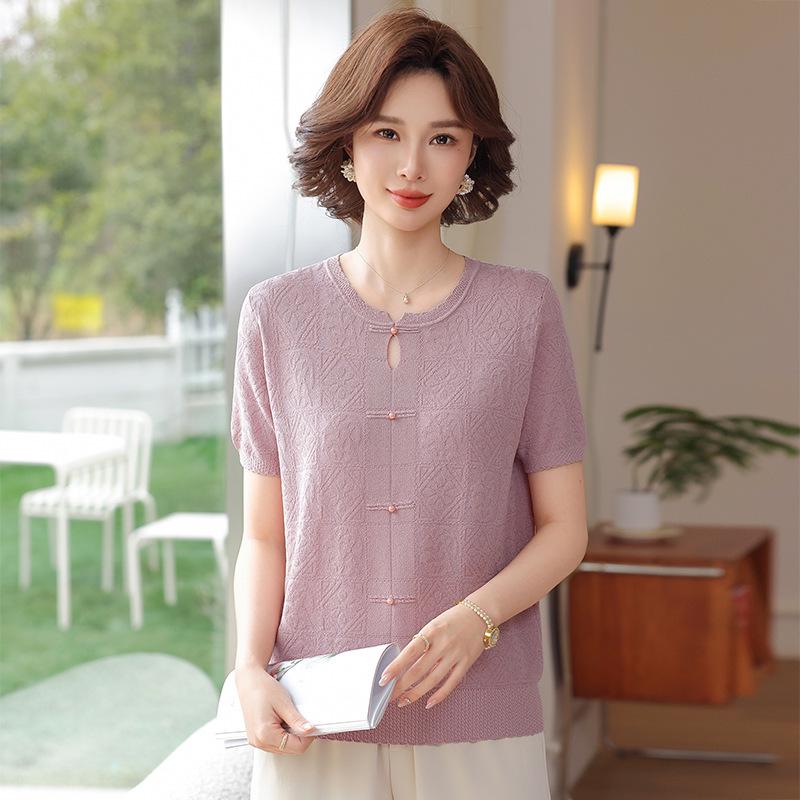 

2026 Ice Silk Chinese Style Short-Sleeve T-shirt for Moms: Fashionable Summer Wear for Middle-Aged and Elderly Women 4XL (135-150 jin) рожевий/фіолетовий