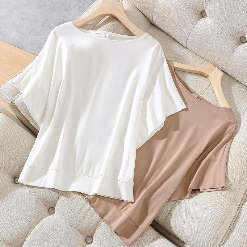 Women's Solid Color One-Shoulder T-Shirt, Casual Loose Fit, Short-Sleeve, Versatile Spring/Autumn Top