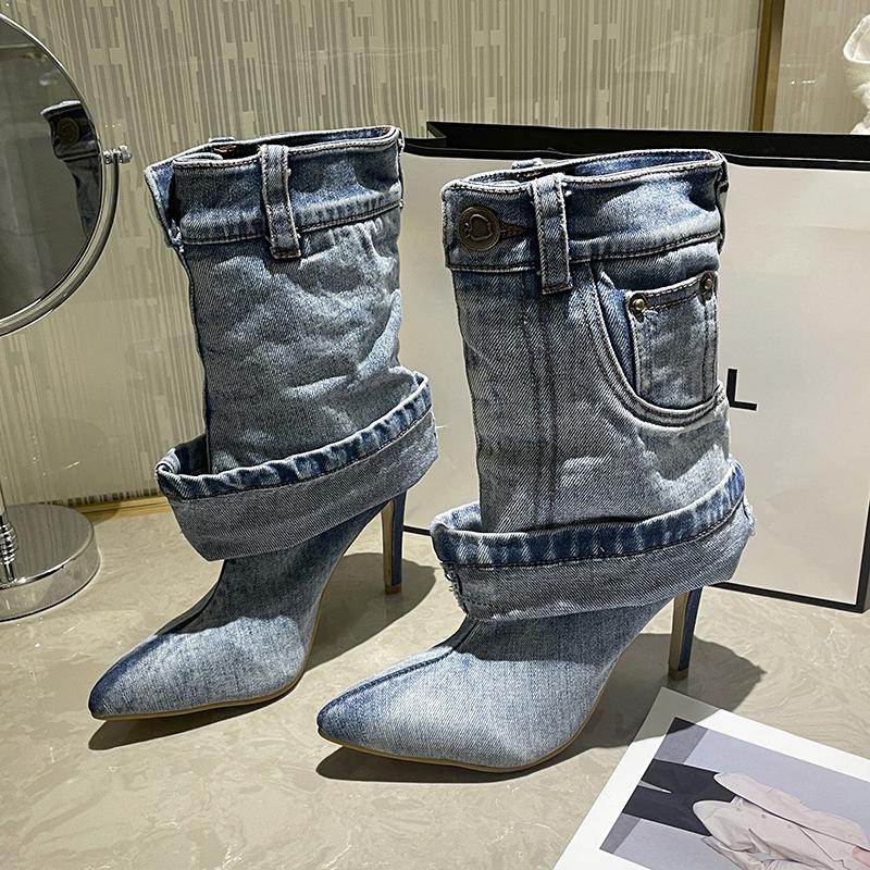 2024 Foreign Trade Autumn and Winter New Pointed High-heeled Fashion Boots Washed Denim Short Tube Pleated Trousers High Heels