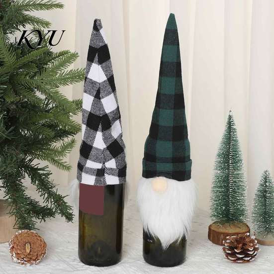 Holiday Home Gift Presentation Christmas Wine Bottle Cover, Fluffy Artificial Beards Decor, Plaid Gnome Seasonal Accessories Toppers for Table