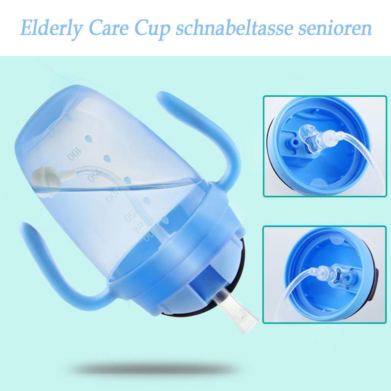 Trinkflasche mit Strohhalm, 300 ml, Dysphagiebecher mit Deckel für Senioren, auslaufsicherer Trinkbecher mit Strohhalm und Griff, Dysphagieflasche für Senioren
