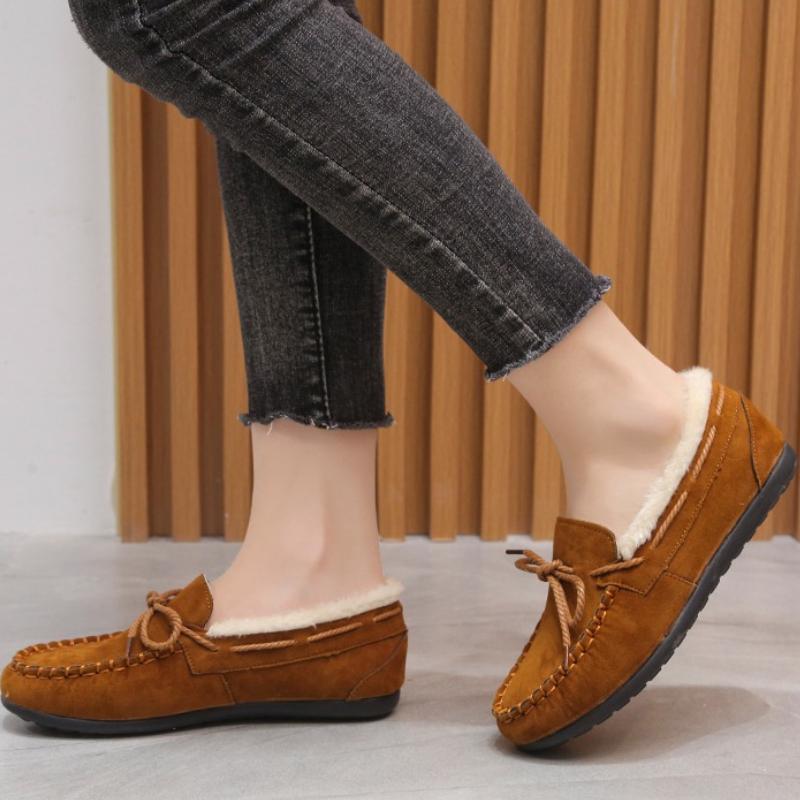 2025 Winter Women's New Bean Shoes Fashionable, Comfortable, Warm, Plush Bow Women's Cotton Shoes Casual Non slip Flat Shoes