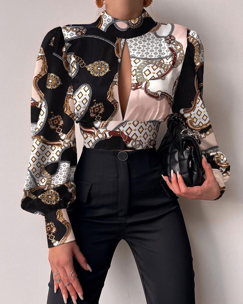 European & American Style Stand Collar Lantern Sleeve Open Back Cutout Print Shirt