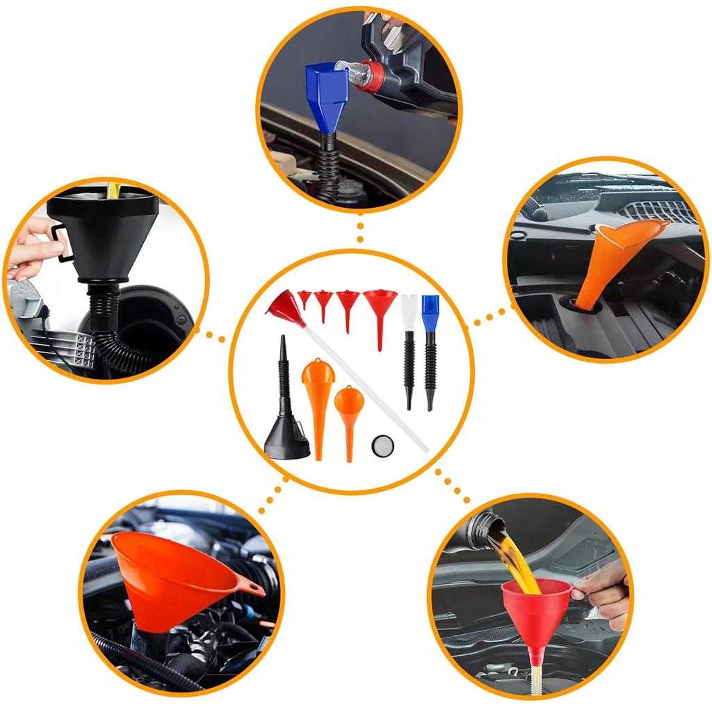 Automotive Refueling Set 10 Pack,Features A Wide-Mouth Oil Funnel, Snap-On Design, Hands-Free Long Neck, And Flexible Right-Angle Oil Funnel For