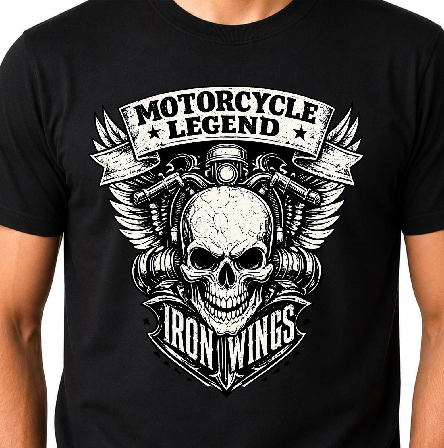Motorcycle Legend Iron Wings Skull Handlebars Biker Vintage Graphic T-Shirt. L
