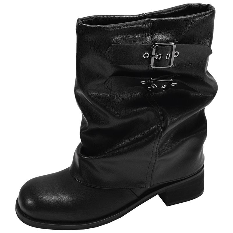 Fashion Cowgirl Boots 2025 Autumn Vintage Western Thick Heels Women Boots Fashion Belt Buckle Slip On Mordern Short Boots Mujer