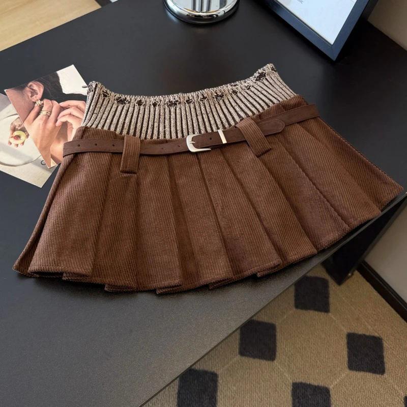 European & American Style Retro Knit Waistband Corduroy Pleated Short Skirt for Fall/Winter