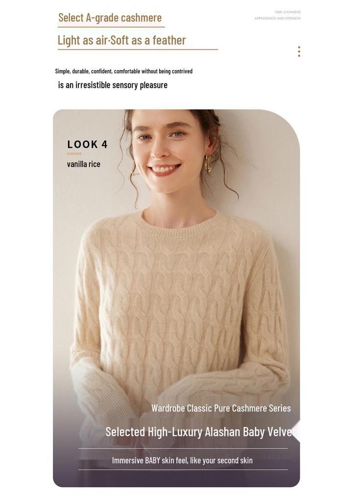 Women's Retro Cable Knit Cashmere Pullover - Soft, Skin-Friendly, Long-Sleeved, Round Neck Base Layer.